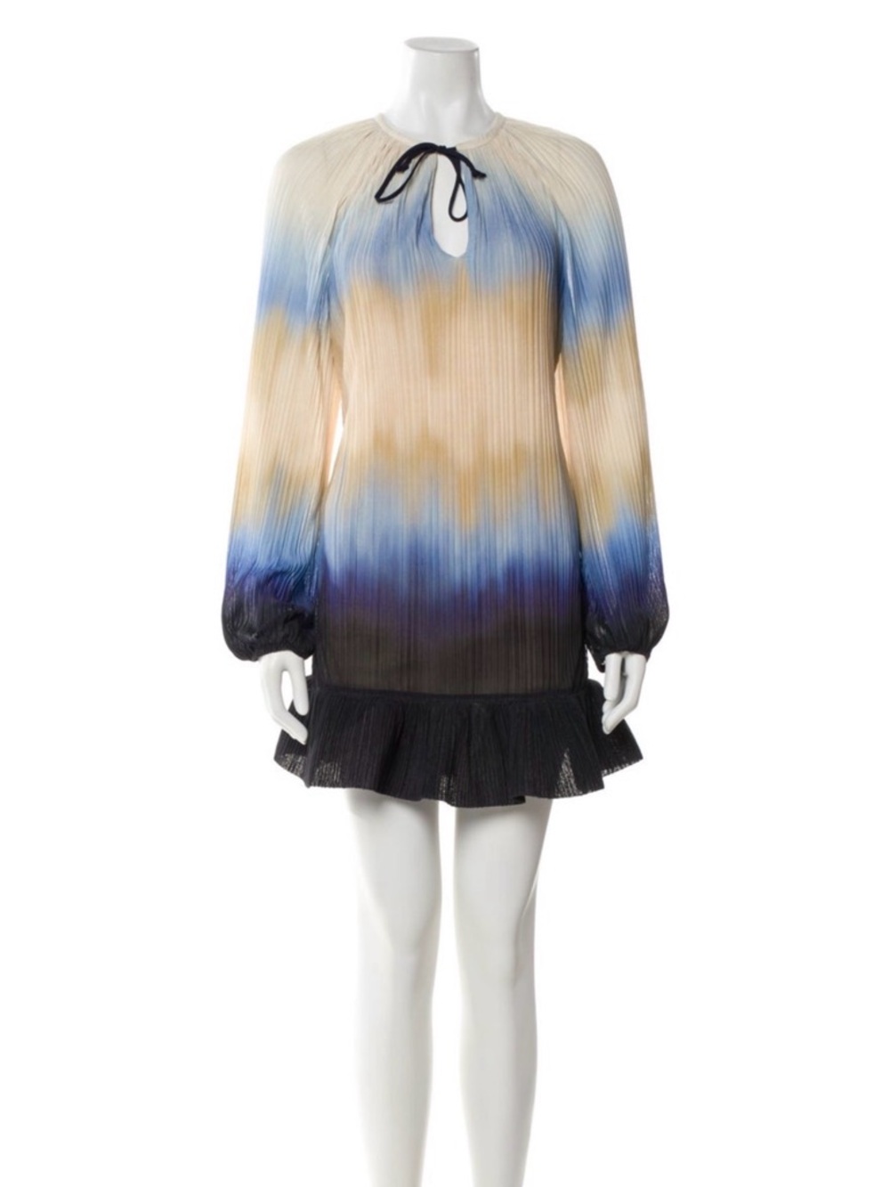 Tie-Neck Long Sleeve Gradient Pleated Mini Dress - Blue/Beige/Black